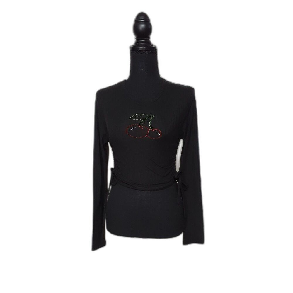 Rue 21 Blouse Black Size XS Cherry Rhinestone Graphic Side Tie Waist Top#384